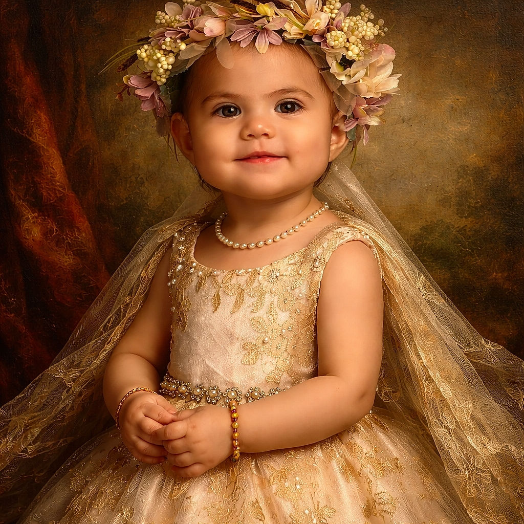 A cherubic toddler in a sparkly dress and oversized flower crown beams like a tiny runway model — hands clasped, cheeks squishy, and mischief hiding behind that adorable smile.
