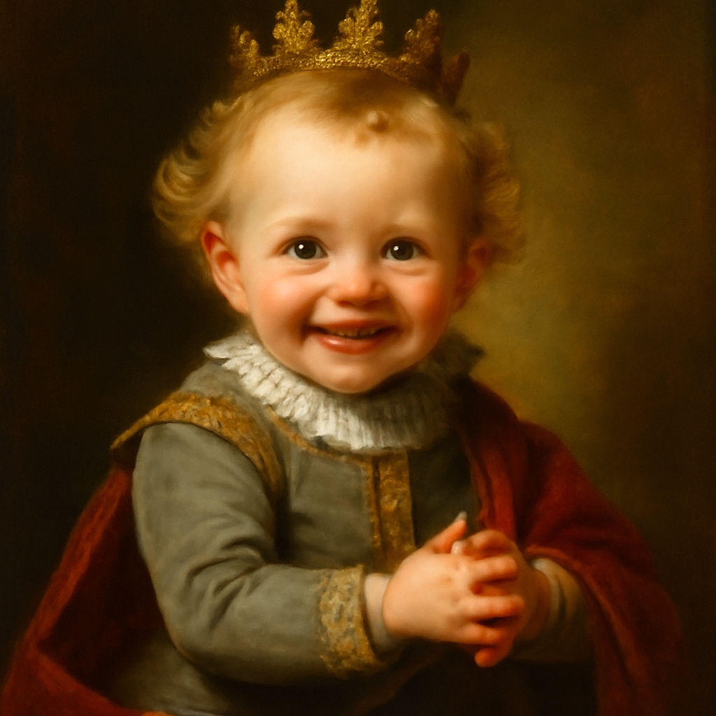 A joyful toddler with curly blonde hair and bright blue eyes is clapping hands enthusiastically while sitting on a couch surrounded by cozy cushions. The soft lighting and casual setting highlight the child's infectious smile and playful energy.