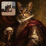 A relaxed tabby cat with a white chest is chilling on a beige carpet next to a black and red slipper, posing like it owns the place with a slightly serious expression and ears perked up.