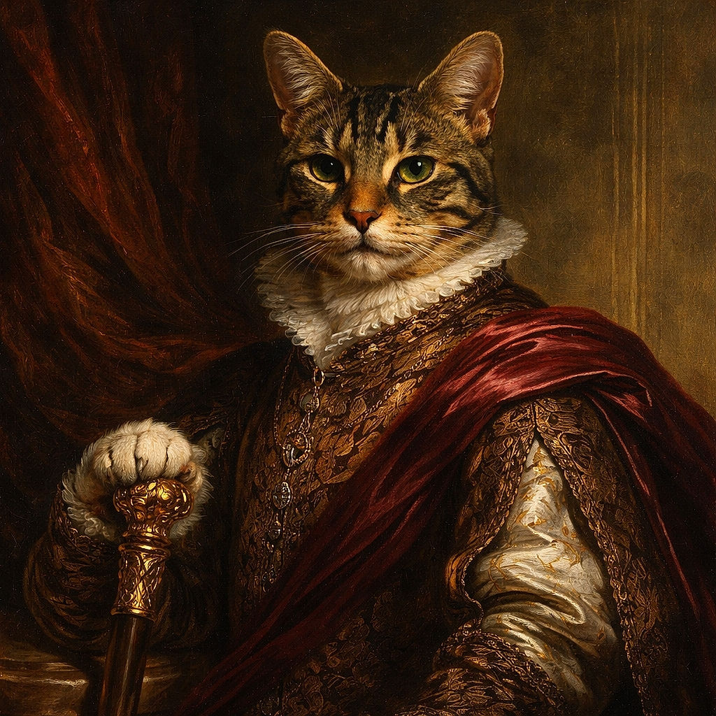 A relaxed tabby cat with a white chest is chilling on a beige carpet next to a black and red slipper, posing like it owns the place with a slightly serious expression and ears perked up.