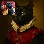 A curious black cat with a red plaid bow tie collar sits on a wooden table, gazing upward with wide, golden eyes. The background features a wooden chair and a warm maroon wall, creating a cozy indoor setting.