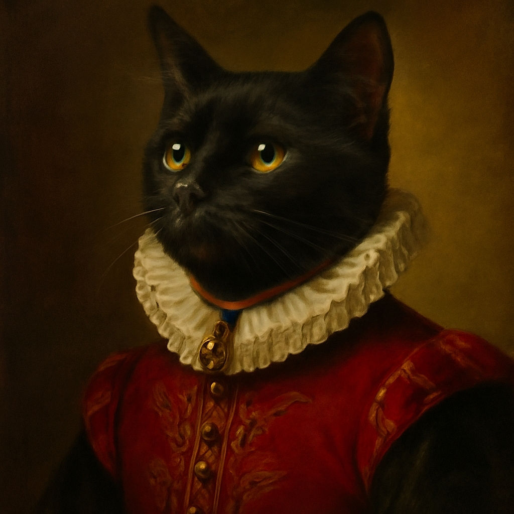 A curious black cat with a red plaid bow tie collar sits on a wooden table, gazing upward with wide, golden eyes. The background features a wooden chair and a warm maroon wall, creating a cozy indoor setting.