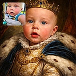 A close-up of a curious baby with bright blue eyes and rosy cheeks sitting in a striped baby seat outdoors, with colorful tags hanging below and a blurred green background.