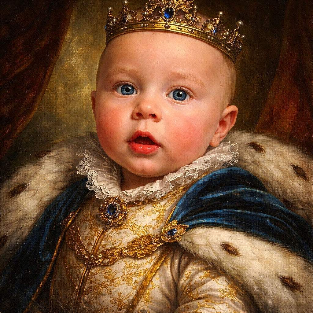 A close-up of a curious baby with bright blue eyes and rosy cheeks sitting in a striped baby seat outdoors, with colorful tags hanging below and a blurred green background.