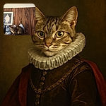 A curious tabby cat is perched on a wooden shelf surrounded by blue and white ceramic vases and cat figurines, with a framed picture of a statue on the wood-paneled wall behind. The cat looks like it's guarding the fancy porcelain kingdom.