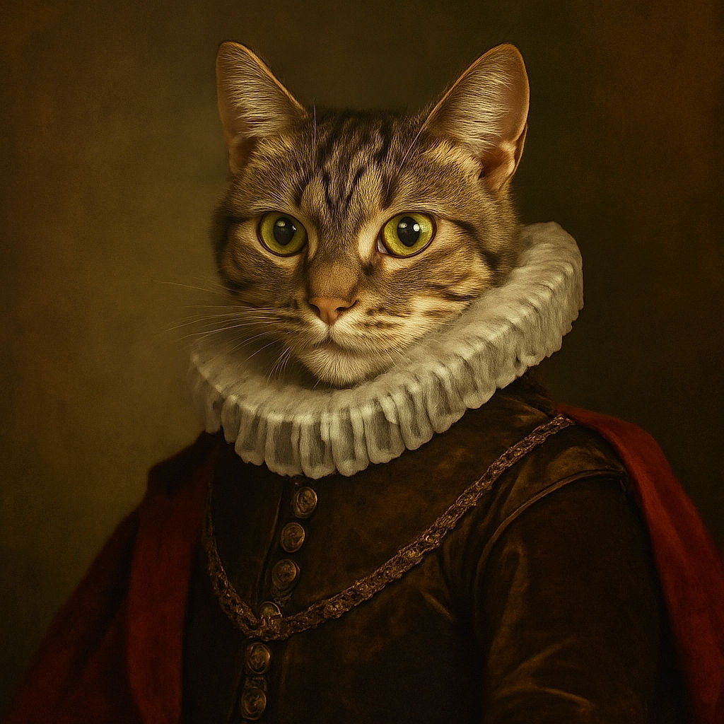 A curious tabby cat is perched on a wooden shelf surrounded by blue and white ceramic vases and cat figurines, with a framed picture of a statue on the wood-paneled wall behind. The cat looks like it's guarding the fancy porcelain kingdom.