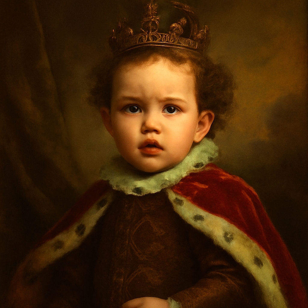 A wide-eyed toddler in playful Halloween-themed pajamas looks surprised or curious, sitting indoors with a slightly cluttered background including water bottles and a rose on a dresser.