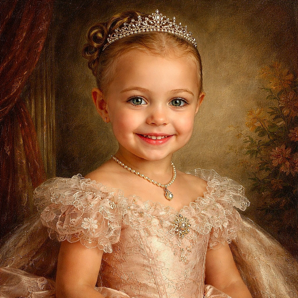A cheerful toddler with slicked-back hair and a big smile is posing in a colorful pink tank top with floral prints, sitting comfortably on a dark couch against a plain wall, radiating pure joy and innocence.