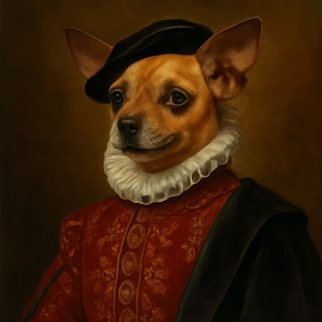 A small tan dog with a curious expression lounges on a textured blanket next to a green plush toy shaped like a beer bottle labeled 'Dos Patas Cerveza.' The dog's collar adds a touch of personality to this cozy indoor scene.