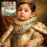 A wide-eyed baby in colorful dinosaur pajamas sits in a white baby walker, looking curiously off to the side with a slightly pouty expression, set against a simple indoor background with a door and tiled floor.