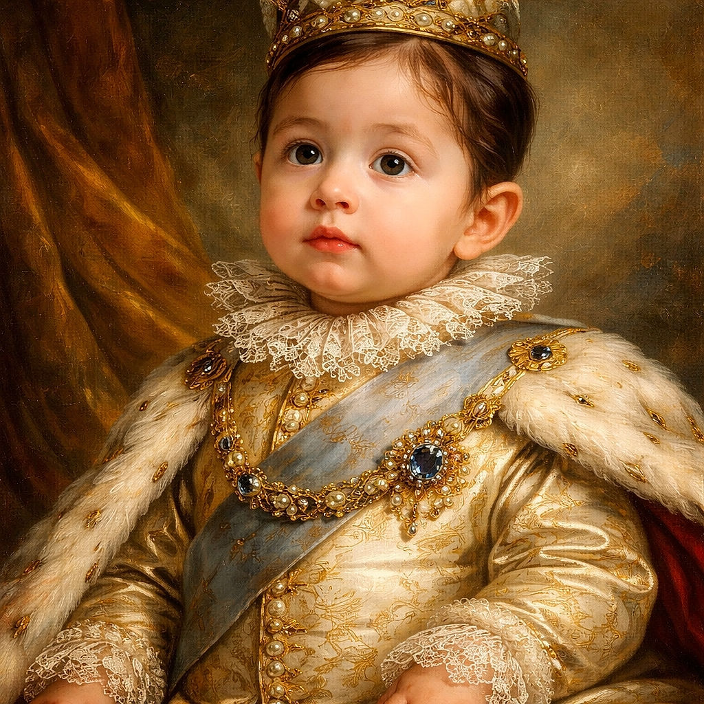 A wide-eyed baby in colorful dinosaur pajamas sits in a white baby walker, looking curiously off to the side with a slightly pouty expression, set against a simple indoor background with a door and tiled floor.