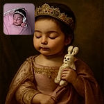 A peacefully sleeping baby wrapped snugly in a soft pink blanket, clutching a tiny white plush bunny, with a delicate floral headband adding a touch of sweetness to the serene scene.