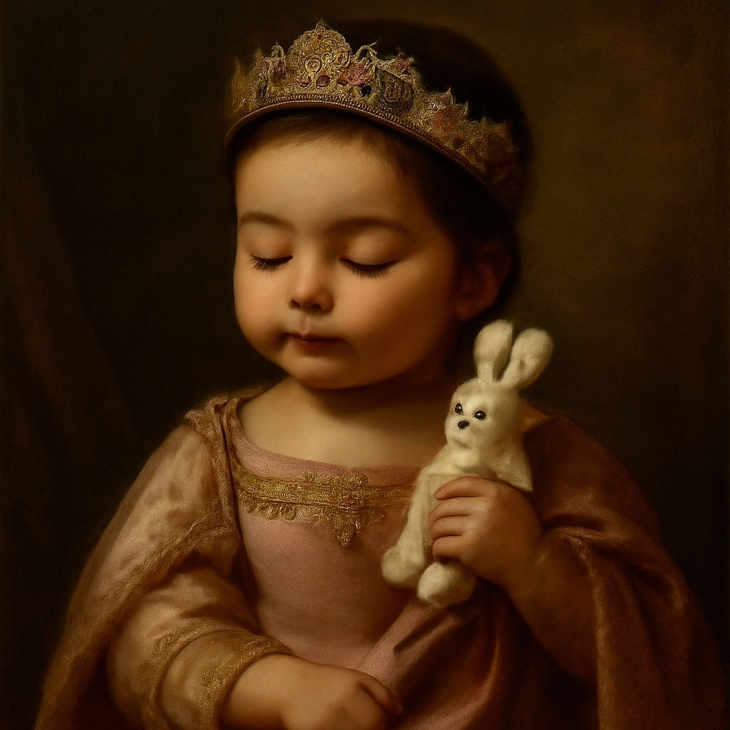 A peacefully sleeping baby wrapped snugly in a soft pink blanket, clutching a tiny white plush bunny, with a delicate floral headband adding a touch of sweetness to the serene scene.