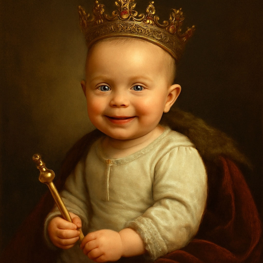 A joyful baby in a white onesie sits comfortably on a dark textured couch, clutching a turquoise cup and surrounded by soft pillows and a plush toy, smiling with bright eyes and an infectious grin.