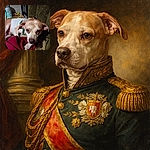 A weary, bandage-wrapped pup lounges like a tiny couch monarch — big soulful eyes, lopsided ears and a solemn snout resting on a red blanket while a cluttered nightstand and canister lurk in the background. It looks like the dog is plotting revenge on the vacuum but will nap first.