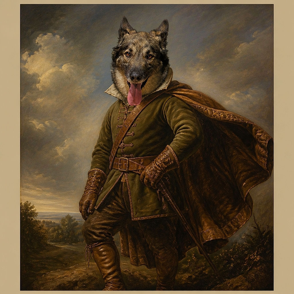 A cheerful German Shepherd is lounging on a shiny wooden floor, tongue out like it just delivered the world’s most enthusiastic presentation. A dark couch and a bit of furniture frame this relaxed indoor portrait.