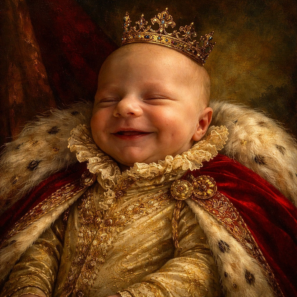 A close-up of a smiling newborn baby wrapped in a cozy blanket, wearing a black shirt with white text partially visible, peacefully enjoying a moment with a pacifier nearby and a soft colorful background.