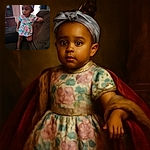 A curious toddler wearing a floral dress and a purple headband is caught mid-expression while standing on a brown couch in a cozy living room with soft natural light coming through the door behind.