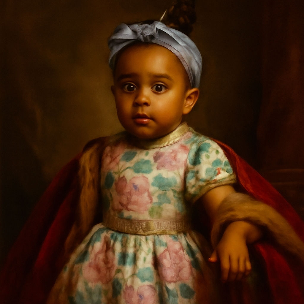 A curious toddler wearing a floral dress and a purple headband is caught mid-expression while standing on a brown couch in a cozy living room with soft natural light coming through the door behind.