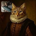 A curious tabby cat lounges on a textured towel atop a worn green armrest, casting wide-eyed glances at the camera. Below, a couple of empty metal bowls and a large plastic water jug sit on a tiled floor, hinting at a cozy pet corner.