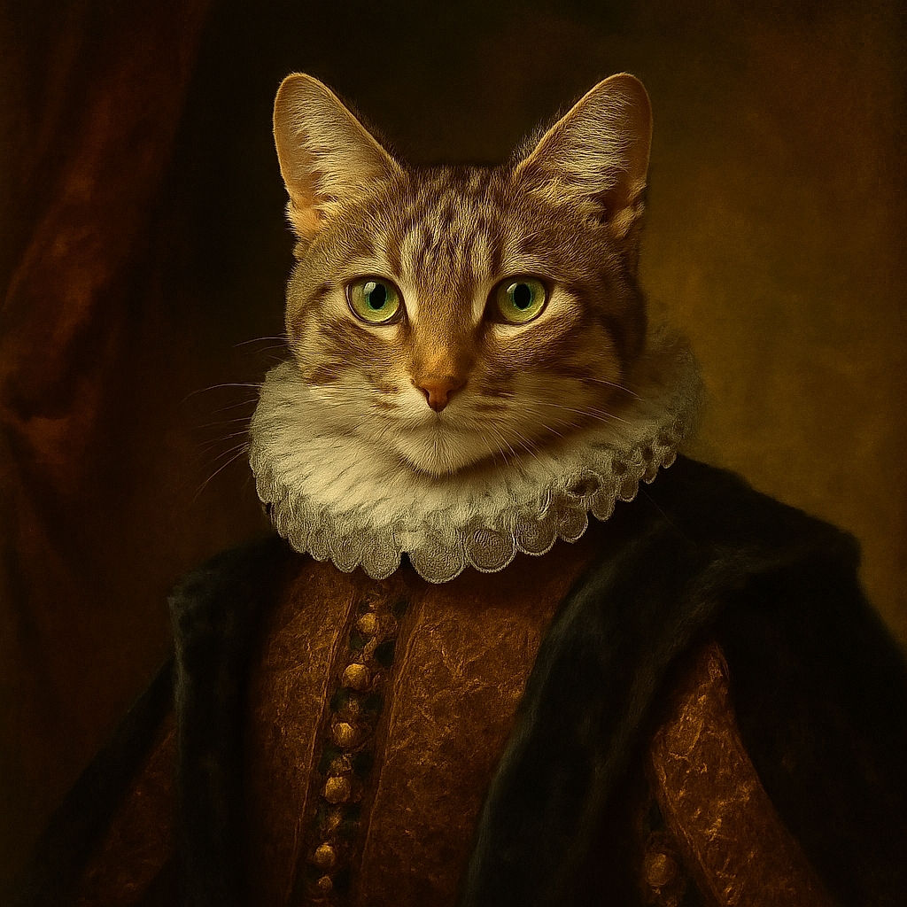 A curious tabby cat lounges on a textured towel atop a worn green armrest, casting wide-eyed glances at the camera. Below, a couple of empty metal bowls and a large plastic water jug sit on a tiled floor, hinting at a cozy pet corner.