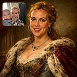 A cheerful woman with bright eyes and a big smile holds a wide-eyed baby wrapped snugly in a soft gray towel, both facing the camera in a cozy indoor setting with casual household items in the background.