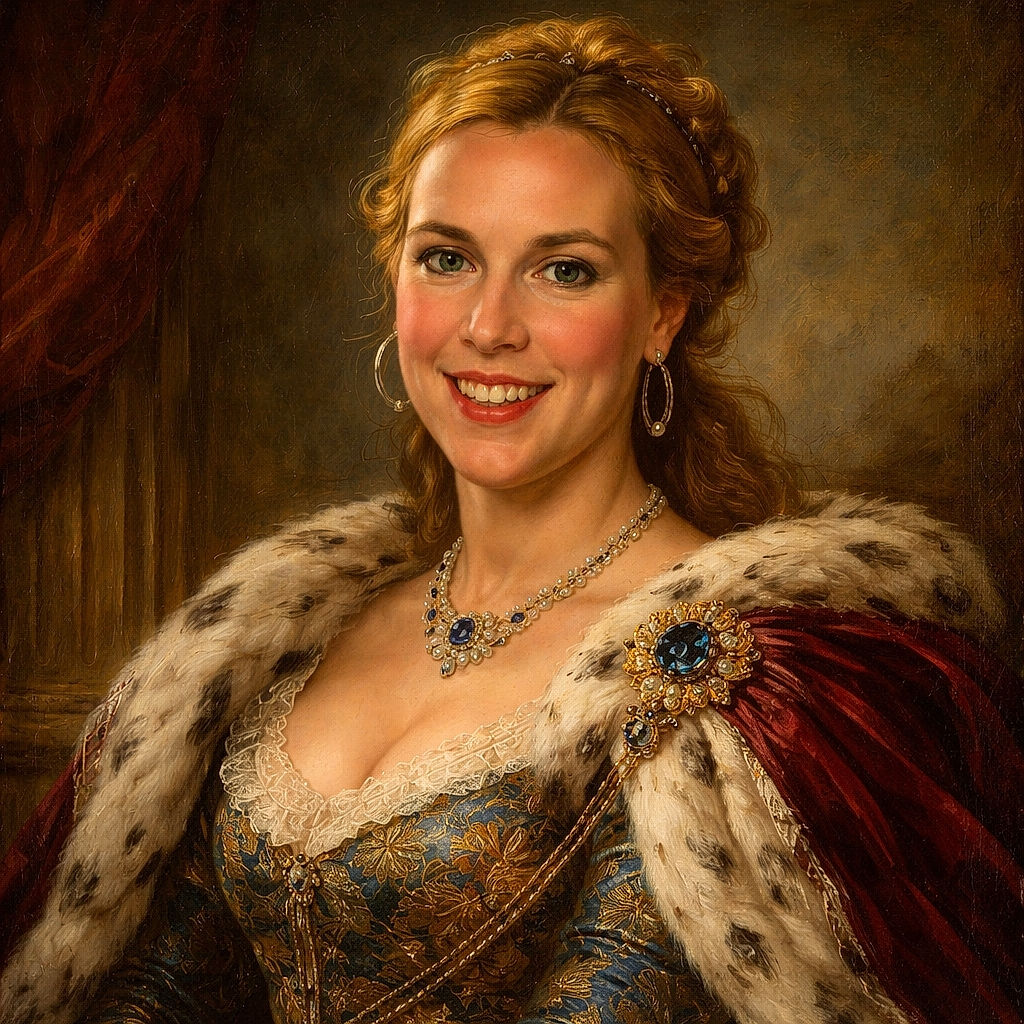 A cheerful woman with bright eyes and a big smile holds a wide-eyed baby wrapped snugly in a soft gray towel, both facing the camera in a cozy indoor setting with casual household items in the background.