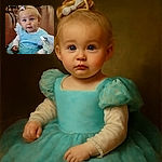 A wide-eyed toddler with a tiny ponytail and a sparkly butterfly clip is dressed in a fluffy blue tutu dress, sitting indoors with a curious and slightly surprised expression, while the background shows a casual setting with some furniture and bags.