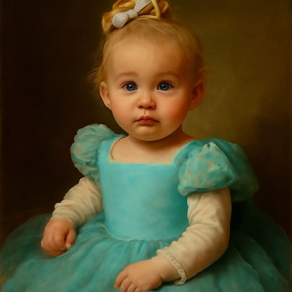 A wide-eyed toddler with a tiny ponytail and a sparkly butterfly clip is dressed in a fluffy blue tutu dress, sitting indoors with a curious and slightly surprised expression, while the background shows a casual setting with some furniture and bags.