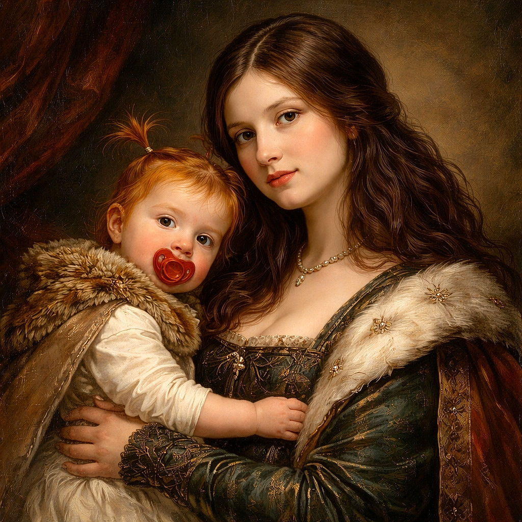 A cozy selfie of a red-haired baby with a big pacifier and tiny pigtails snuggled against a patient adult making a kissy face — a pink play-tent and a panda plush photobomb the scene while sunlight dramatically overexposes part of the baby's cheek.