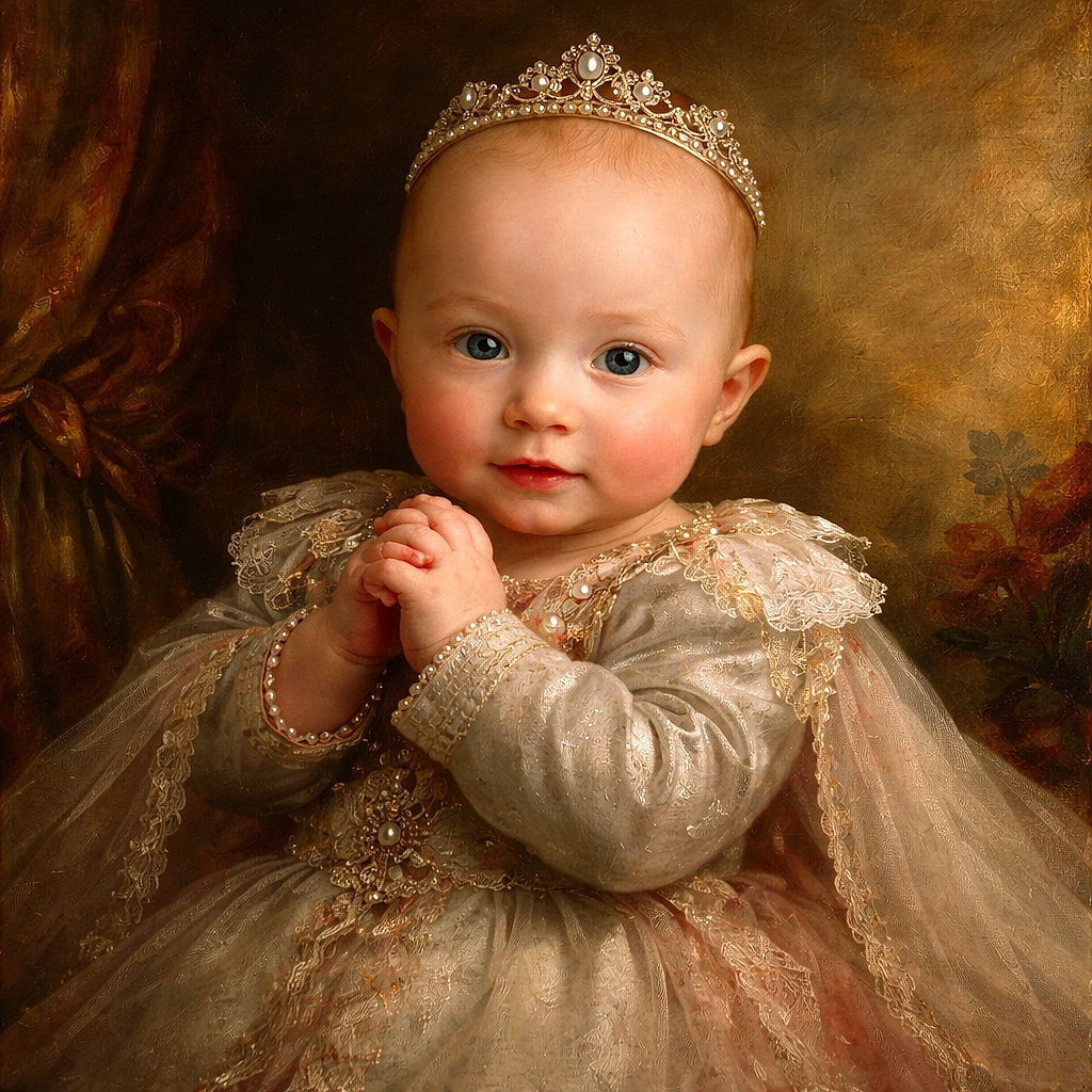 A curious, wide-eyed baby lies bundled on a fish-patterned blanket with tiny hands clasped like they're rehearsing a speech — rosy cheeks, button nose, and a knitted blanket peeking out while a warning label lurks at the edge like an overenthusiastic chaperone.