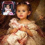 A wide-eyed toddler with pink bows in her hair sits quietly in a car seat, clutching a soft, colorful blanket. The background is a simple concrete sidewalk, putting all the focus on this adorable little passenger ready for her next adventure.