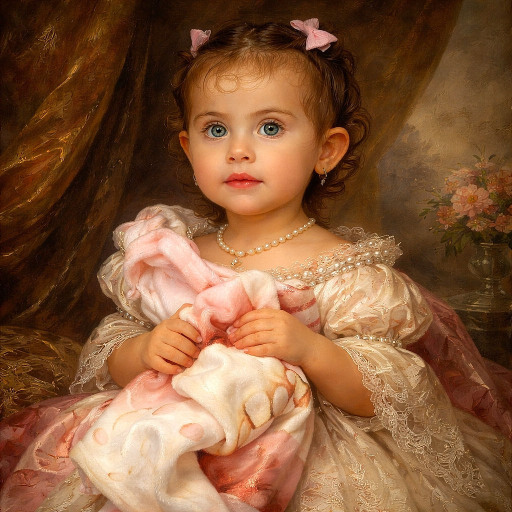 A wide-eyed toddler with pink bows in her hair sits quietly in a car seat, clutching a soft, colorful blanket. The background is a simple concrete sidewalk, putting all the focus on this adorable little passenger ready for her next adventure.