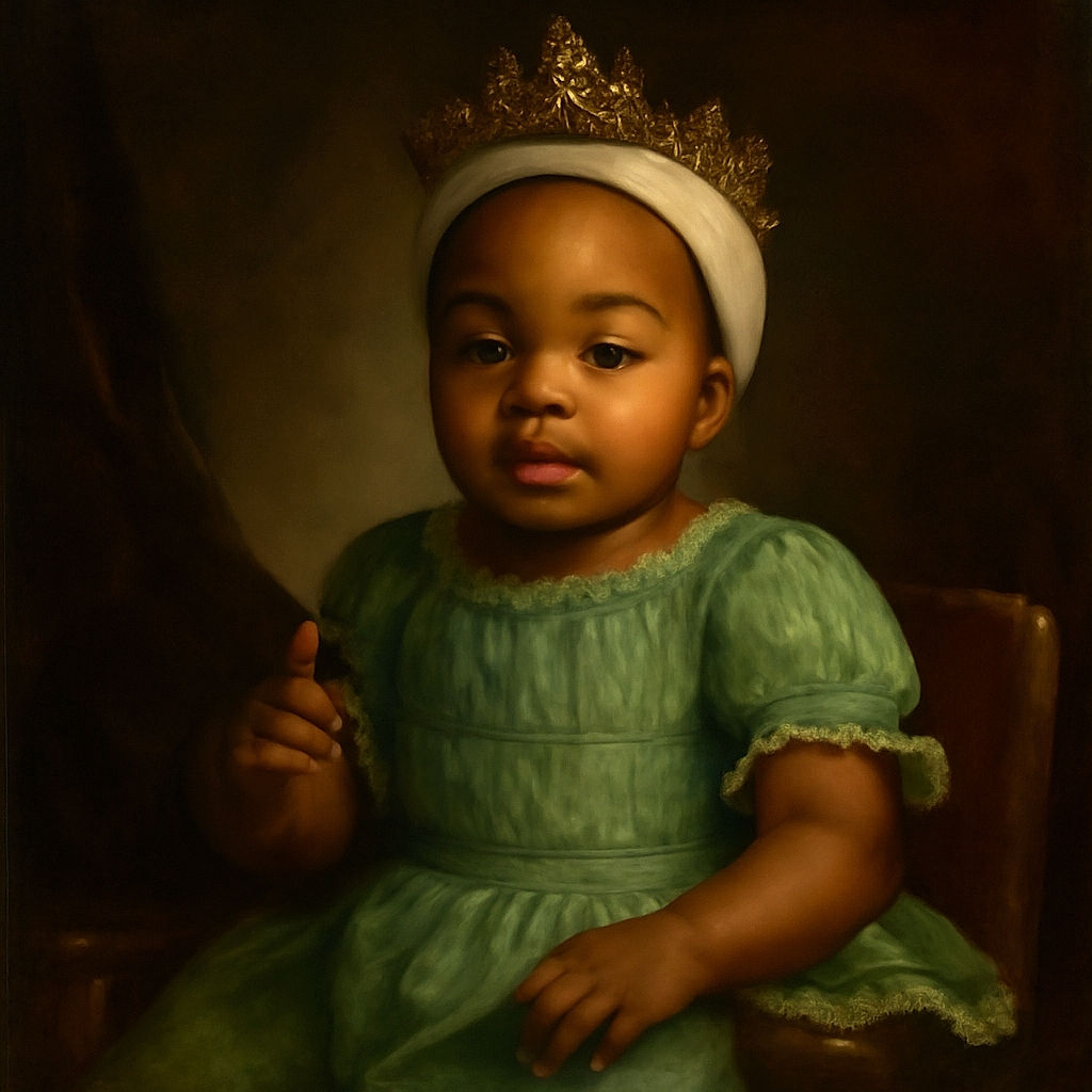 A cute baby dressed in a bright green outfit and a white headband lounges on a medical examination table, looking curiously at the camera as if wondering what the fuss is about.