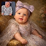 A cheerful baby dressed in a cozy patterned outfit and a big purple bow headband is sitting comfortably on a dark couch, smiling brightly with a hint of mischief, surrounded by plush cushions and a subtle backdrop.