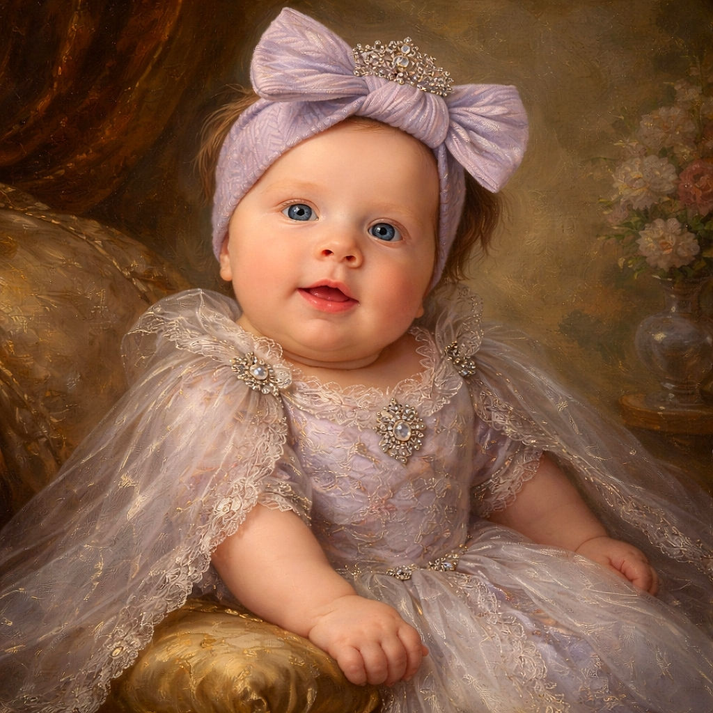 A cheerful baby dressed in a cozy patterned outfit and a big purple bow headband is sitting comfortably on a dark couch, smiling brightly with a hint of mischief, surrounded by plush cushions and a subtle backdrop.