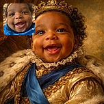A close-up photo of a happy baby with curly hair wearing a blue outfit, smiling brightly with a cozy, warmly lit background. The image is framed within a social media story interface, showing text overlays and icons typical of Instagram.