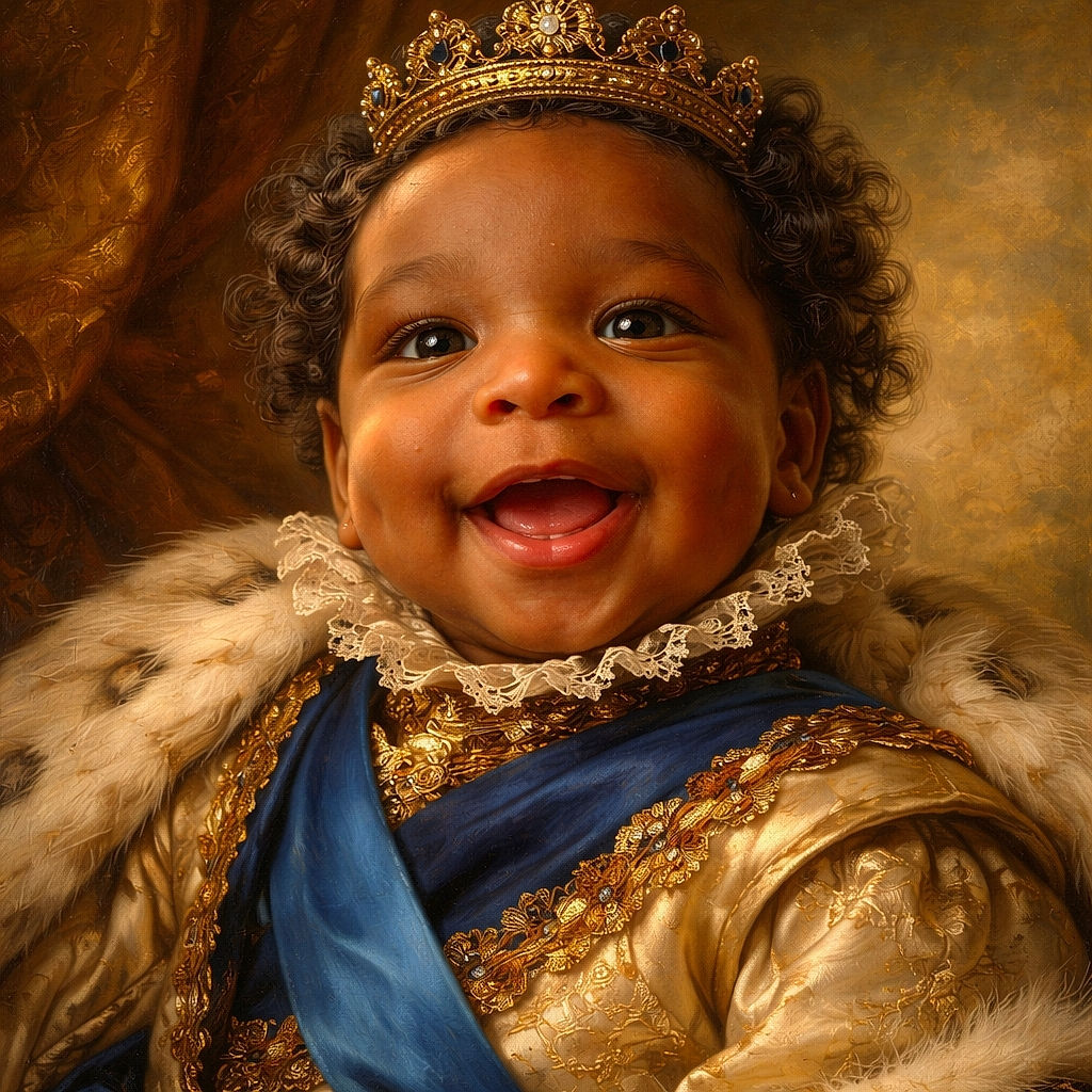 A close-up photo of a happy baby with curly hair wearing a blue outfit, smiling brightly with a cozy, warmly lit background. The image is framed within a social media story interface, showing text overlays and icons typical of Instagram.
