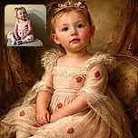 A charming toddler with tiny pigtails tied with pink bows sits cross-legged on a soft ottoman, dressed in a cute strawberry-patterned outfit. The warm light casts a playful shadow on the textured wall behind, capturing a candid and heartwarming moment.