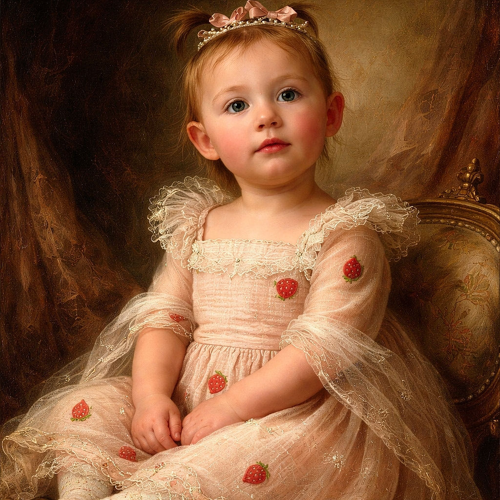 A charming toddler with tiny pigtails tied with pink bows sits cross-legged on a soft ottoman, dressed in a cute strawberry-patterned outfit. The warm light casts a playful shadow on the textured wall behind, capturing a candid and heartwarming moment.