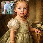 A curious toddler with big blue eyes and white bows in her hair stands outdoors on a dirt ground, dressed in a green dress with a white butterfly design and brown boots, looking slightly surprised or intrigued with a colorful party table and chairs in the background.
