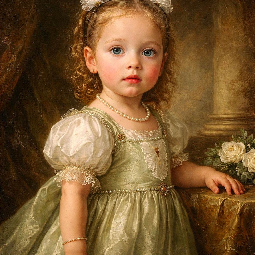 A curious toddler with big blue eyes and white bows in her hair stands outdoors on a dirt ground, dressed in a green dress with a white butterfly design and brown boots, looking slightly surprised or intrigued with a colorful party table and chairs in the background.