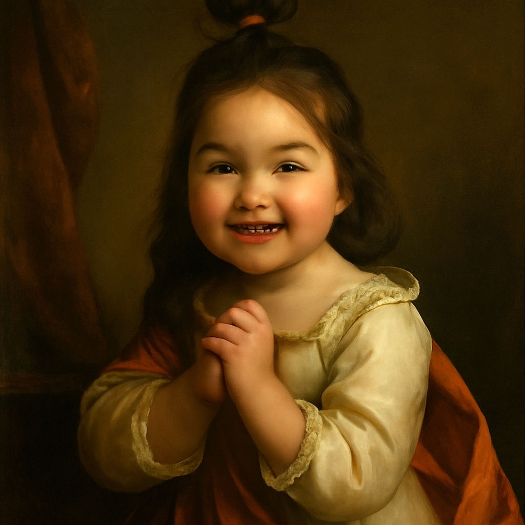 A cheerful toddler with a playful hairdo is lying on a patterned bedspread, hands clasped and smiling brightly as if sharing a secret joke with the camera.