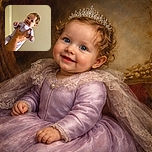 A cheerful baby dressed in a cozy lavender onesie is being held up playfully by an adult hand with a tattoo, smiling wide with bright eyes against a plain beige wall background.