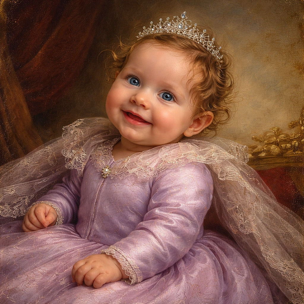 A cheerful baby dressed in a cozy lavender onesie is being held up playfully by an adult hand with a tattoo, smiling wide with bright eyes against a plain beige wall background.