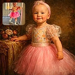 A cute toddler stands confidently in a bright pink tutu and floral shirt, rocking turquoise sneakers and a matching headband, basking in warm sunlight streaming through a textured window behind her.