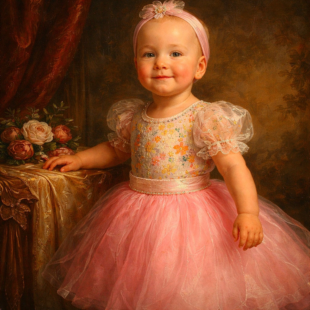 A cute toddler stands confidently in a bright pink tutu and floral shirt, rocking turquoise sneakers and a matching headband, basking in warm sunlight streaming through a textured window behind her.