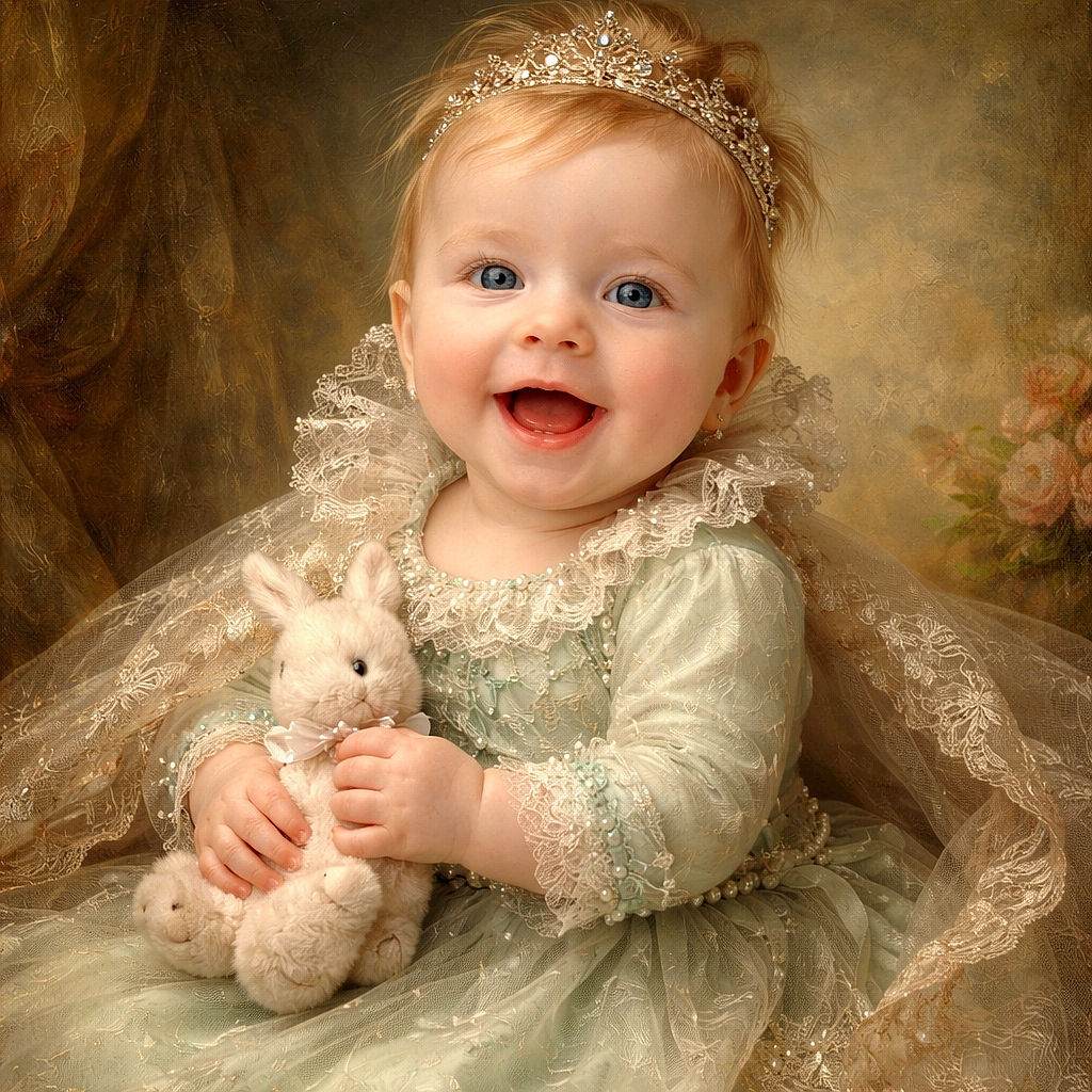 A delighted baby grinning wide while lying on a soft, pink-patterned blanket, clutching a fuzzy comforter and surrounded by colorful toys — pure joy and drool in high definition.