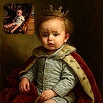 A curious toddler with spiky hair sits comfortably in a vintage floral-patterned armchair, looking directly at the camera with wide eyes and a slightly puzzled expression, bathed in warm indoor lighting.