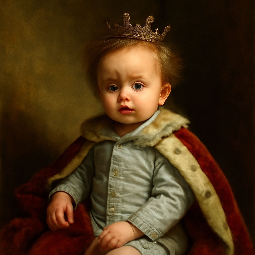 A curious toddler with spiky hair sits comfortably in a vintage floral-patterned armchair, looking directly at the camera with wide eyes and a slightly puzzled expression, bathed in warm indoor lighting.